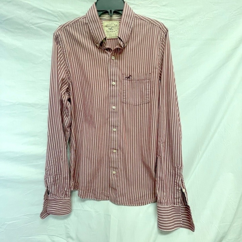 Hollister California Pink & White Striped Long Sleeve Men's Shirt Large‎